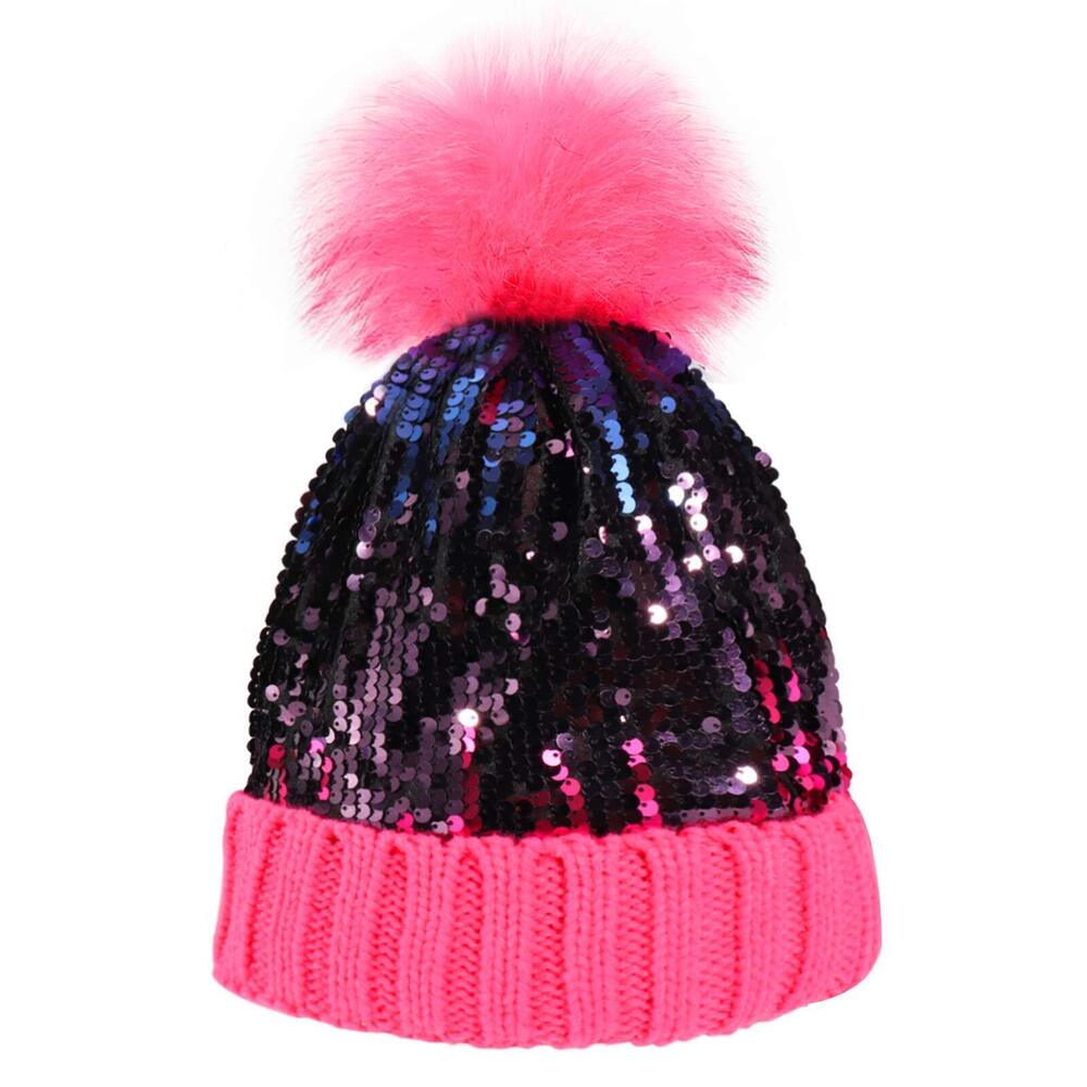 7231 Sequin Knitted Beanie Hat with Faux Fur Pom-Pom Shiny Bling Skull Cap